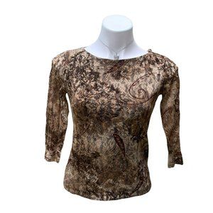 90s Alfani Grunge Brown Floral Sheer Lace 3/4 Sleeve Top Womens S